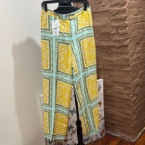 Zara linen Yellow and Green Patterned Pants size large